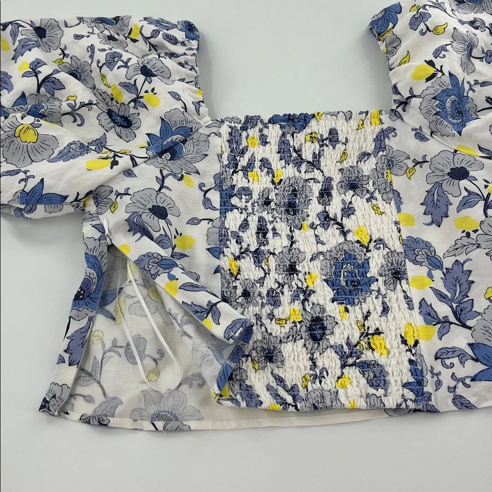 Loft linen Floral puff sleeve‎ blouse square neck spring feminine smocked